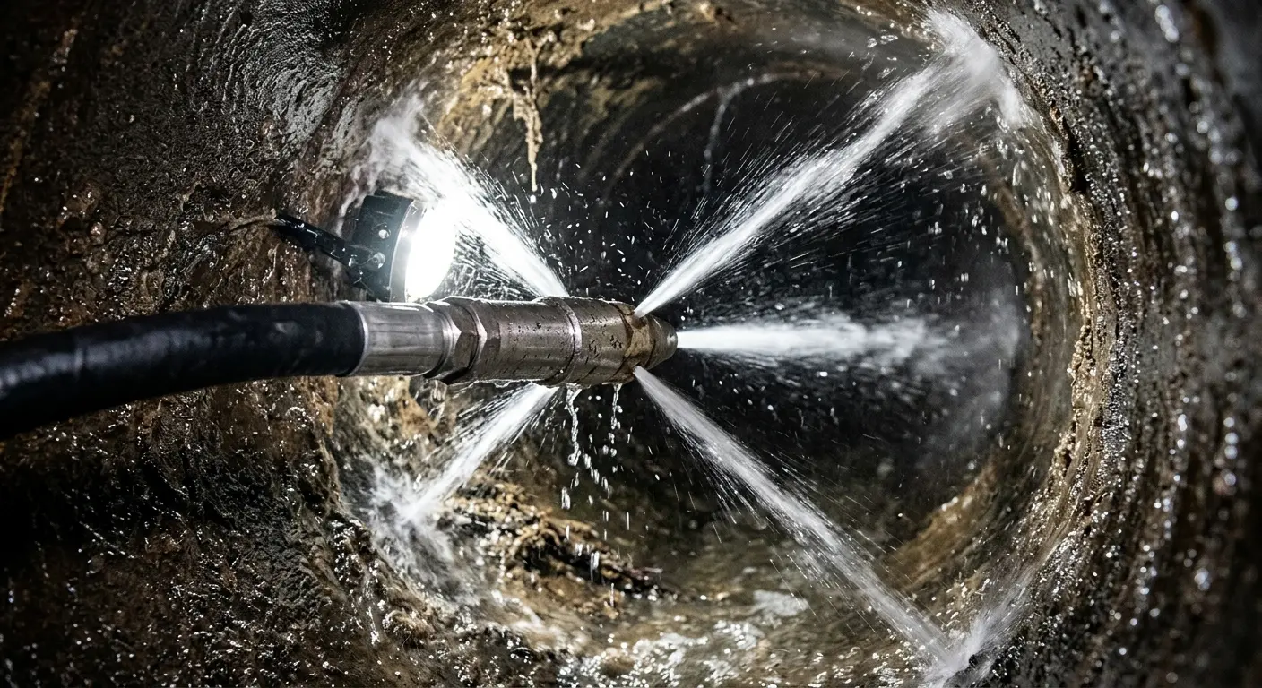 High-pressure hydro jetting nozzle cleaning sewer pipe for Trenchless Sewer Repair in Heber