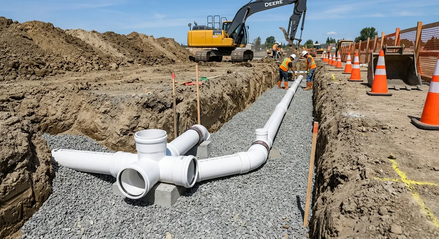 New PVC sewer pipe installation in open trench for Sewer Backup in Heber